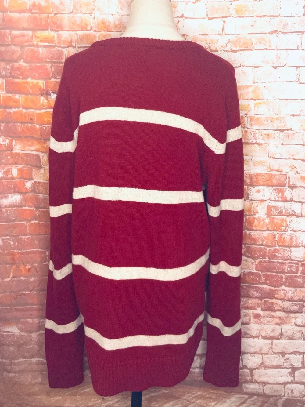 American Eagle Outfitters Deep Red and White Striped Relaxed Fit Crewneck Sweate